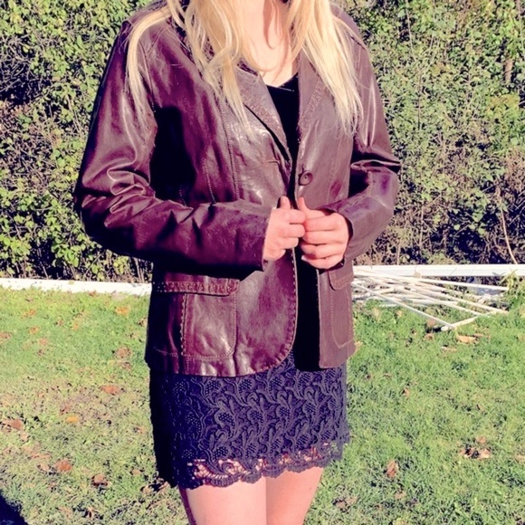 Derimod Brownish Burgundy Shiny Lamb Leather Blazer jacket metal Spikes US M - Picture 6 of 16